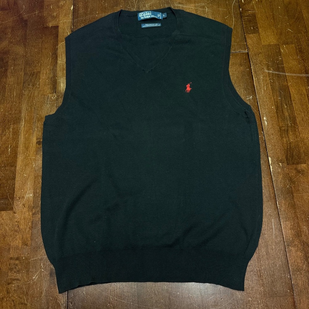 Vtg Polo Ralph Lauren Sweater Vest Mens L Black V-Neck Pima Cotton Red Pony Logo